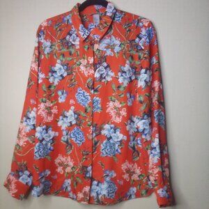H & M Shirt Women 12 Button Front Long Sleeve Floral Red Blue Green
